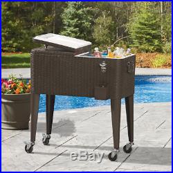 Outdoor Rattan 80QT Party Patio Rolling Cooler Cart Ice Beer Beverage Chest Cool