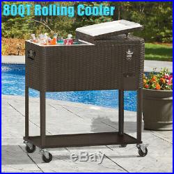 Outdoor Rattan 80QT Party Patio Rolling Cooler Cart Ice Chest Beer Drink with Tray