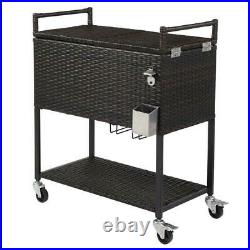 Outdoor Rattan 80QT Party Patio Rolling Cooler Cart Ice Chest With Wine Rack
