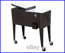 Outdoor Rattan 80QT Party Portable Rolling Cooler Cart Ice Beer Beverage Chest