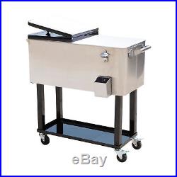 Outdoor Stainless 80 Qt Portable Patio Party Cooler Ice Cart Beer Beverage Chest
