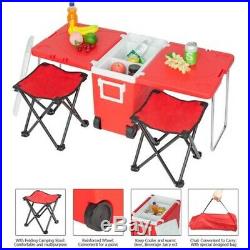 Outdoor Ultra Compact Camping Picnic Rolling Cooler with Table & 2 Chairs Red