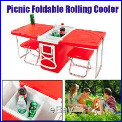 Outdoor Ultra Compact Camping Picnic Rolling Cooler with Table & 2 Chairs Red