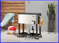 Patio Cooler Cart Stainless Steel Ice Chest 80 Qt Mobile Standing Wheels Storage
