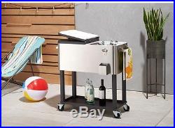 Patio Cooler Cart Stainless Steel Ice Chest 80 Qt Mobile Standing Wheels Storage
