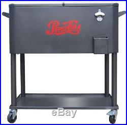 Patio Cooler Cart Steel Ice Chest 80 Qt Mobile Standing Wheel Tray Drink Storage