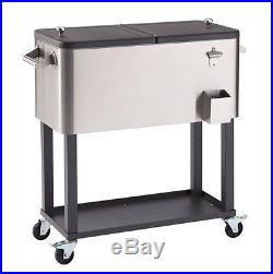 Patio Cooler With Wheels Cart Stainless Steel Ice Chest Shelf 80 Qt Stand Mobile