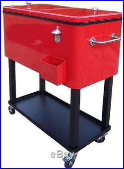 Patio Red Cooler Ice Chest Igloo Rolling Cart Stainless Steel Wheeled 80 Quart