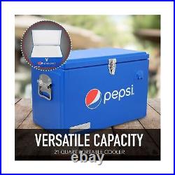 Pepsi 21-Quart Ice Chest, Small Portable Cooler, Hard-Sided Steel Metal Coole