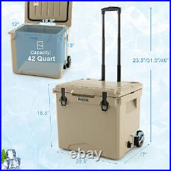 Portable 42 Qt Cooler with wheels Handle Roto Molded Ice Chest Insulated 5-7 Days