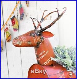 Reclaimed Red Metal Barrel Deer Beverage Cooler Planter Rustic Reindeer Holiday