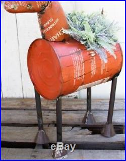 Reclaimed Red Metal Barrel Deer Beverage Cooler Planter Rustic Reindeer Holiday