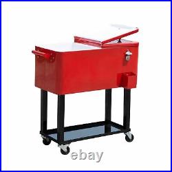 Red 80 Qt Ice Chest Rolling Party Cooler Portable Steel Dual Lid Patio Outdoor