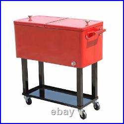 Red 80 Qt Ice Chest Rolling Party Cooler Portable Steel Dual Lid Patio Outdoor