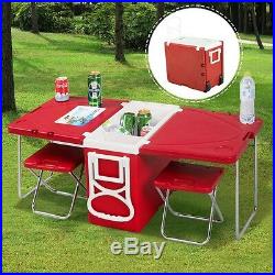 Red Multi Function Rolling Cooler Picnic Camping Outdoor with Table & 2 Chairs