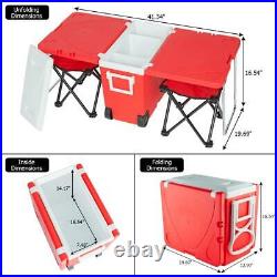 Red Multi-Function Rolling Cooler Table 2 Chairs Outdoor Picnic Beach Camping US