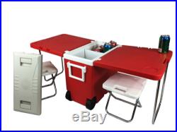 Red Multi Function Rolling Cooler With Table And 2 Chairs Picnic Camping Outdoor
