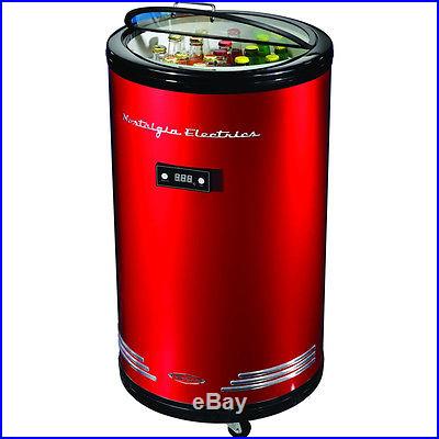 Red Retro Rolling Party Beverage Cooler, 60 Can Electric Barrel Drink Fridge