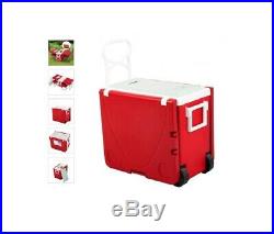 Red Rolling Cooler with Attached Table & 2 Stools Compact Folding & Portable Set