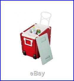 Red Rolling Cooler with Attached Table & 2 Stools Compact Folding & Portable Set