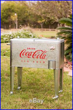 Retro Vintage Classic 60 Qt Embossed Galvanized Coca-Cola Rolling Cooler Box BBQ