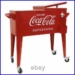 Rolling Coca Cola Cooler Ice Chest Cart 80 Qt withAttached Bottle Opener Red Steel