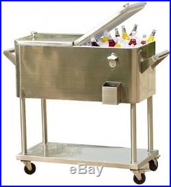 Rolling Cooler Cart Stainless Steel 80qt Patio Entertaining Ice Beer Chest New