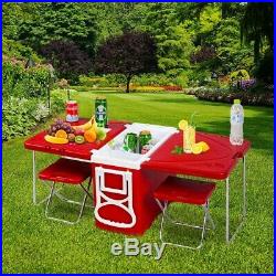 Rolling Cooler with Table 2 Chairs Red Multi Function Outdoor Camping Picnic New