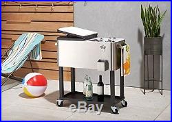 Rolling Ice Chest Cooler With Shelf Stainless Steel 80QT Outdoor Wheels Patio Cart