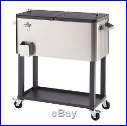 Rolling Ice Chest Cooler With Shelf Stainless Steel 80QT Outdoor Wheels Patio Cart