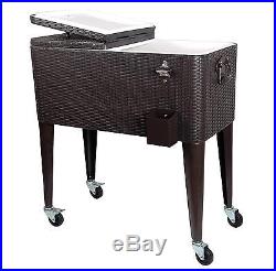 Rolling Ice Patio Beverage Party Bar Drink Outdoor Cooler Cart Brown Wicker NEW