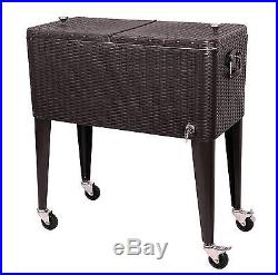 Rolling Ice Patio Beverage Party Bar Drink Outdoor Cooler Cart Brown Wicker NEW