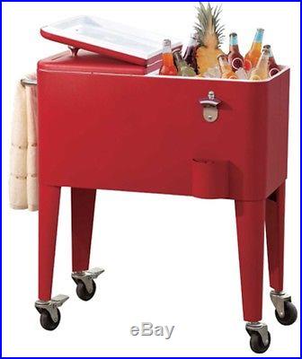 Rolling Outdoor Patio Deck Beverage Cooler Cart, With Wheels, Red 60-Qt