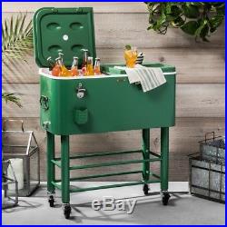 Rolling Patio Cooler Retro Ice Chest Drinks Beer Metal Container Cart Casters
