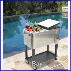 Rolling Patio Cooler Stainless Steel Outdoor Pool Deck Party Beverage Server Ice