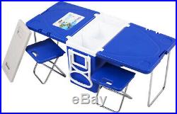 Rolling Picnic Cooler With Table and 2 Chairs Multi Functional Folding Compact New