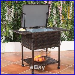 Rolling Wicker Cooler Cart Rattan Resin Patio Drink Chest, Outdoor Party Trolley