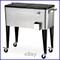 STAINLESS STEEL RETRO ROLLING Ice Chest COOLER Patio Party Outdoor Portable Cart