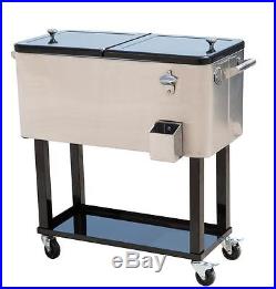 Stainless Steel 20 Gallon Portable Rolling Cooler Cart Storage Ice Chest Patio