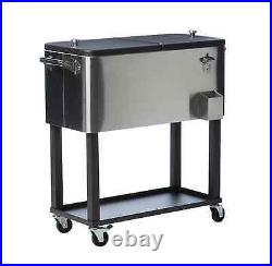 Stainless Steel 80 Qt. Chest Cooler Ice Cart Standing Wheeled with Bottle Opener