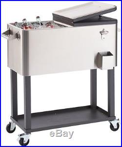 Stainless Steel Ice Chest Cooler Cart Shelf 80 Qt. Standing Mobile Wheels New