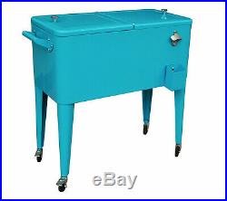 Steel 80 Quart Patio Rolling Cooler Ice Chest Cart with Bottle Opener, Turquoise