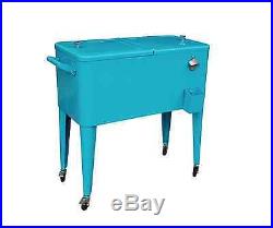 Steel 80 Quart Patio Rolling Cooler Ice Chest Cart with Bottle Opener, Turquoise