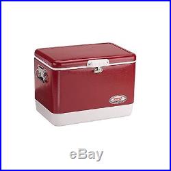 Steel Belted Cooler 54 Qt Coleman Ice Chest Stainless Camping Outdoor Red