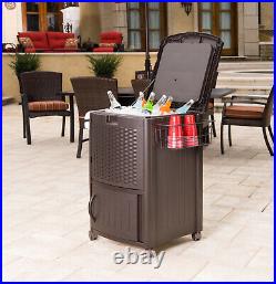 Stylish Wicker Resin Outdoor Rolling Patio Deck Cooler Cart With Cabinet 77 QT