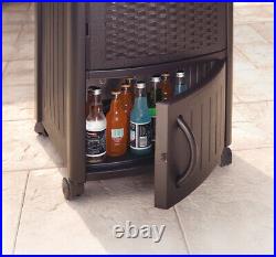 Stylish Wicker Resin Outdoor Rolling Patio Deck Cooler Cart With Cabinet 77 QT