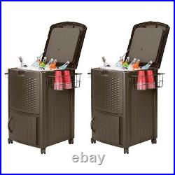 Suncast 77 Qt Resin Wicker Patio Cooler with Cabinet & Wire Basket, Java (2 Pack)