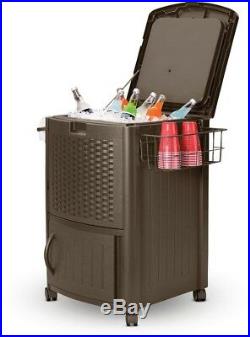 Suncast 77 Quart Resin Wicker Patio Cooler with Cabinet and Wire Basket, Java