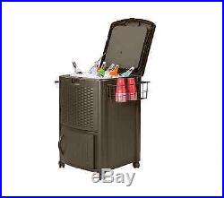 Suncast 77 qt Resin Wicker Rolling Chest Cooler with Cabinet Outdoor Storage Brown
