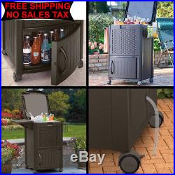 Suncast Outdoor 77 Quart Resin Wicker Patio Cooler, Wheeled Ice Chest with Cabinet